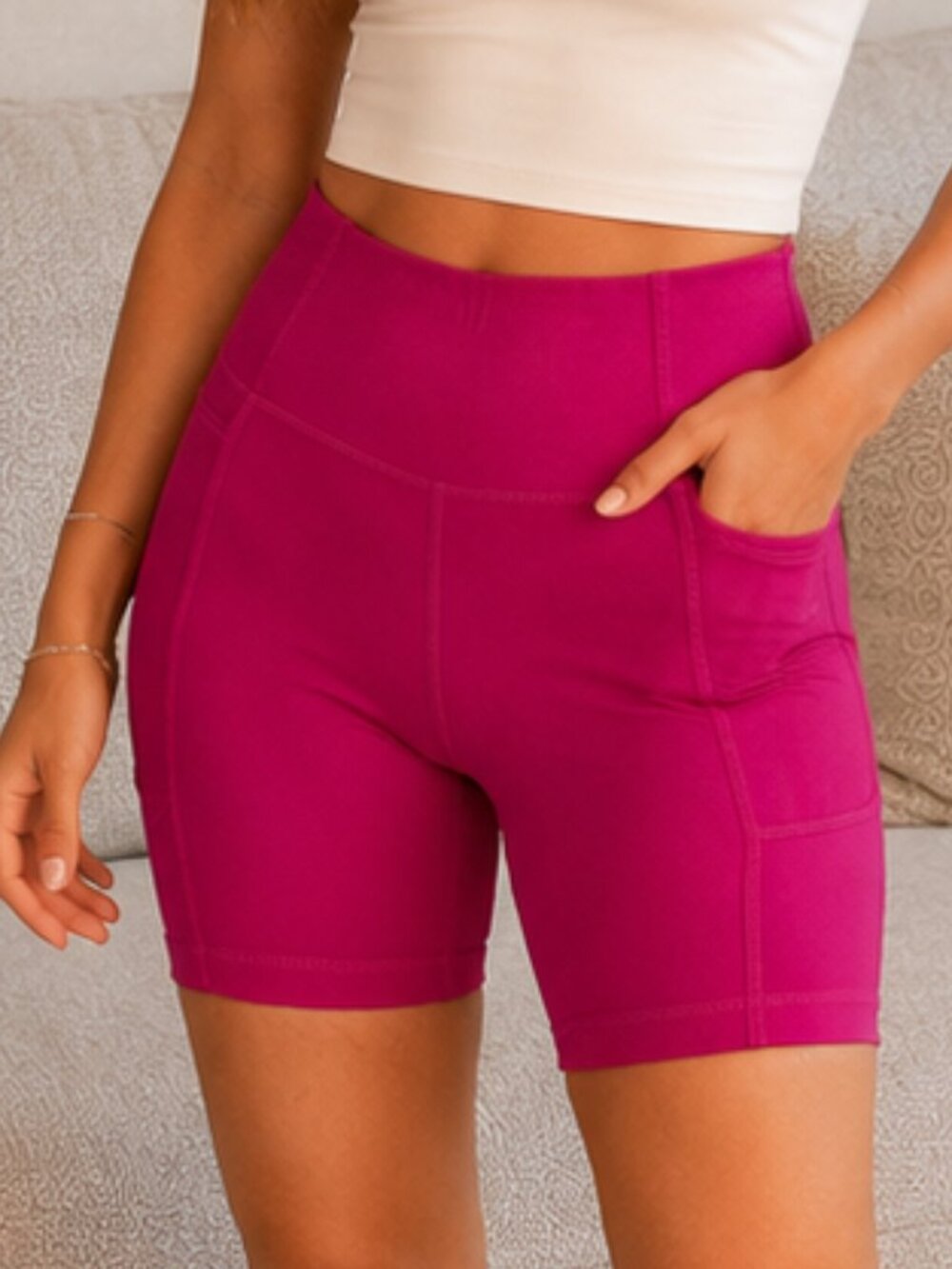 Mondetta hot pink fuchsia biker shorts womens sm ribbed pockets yoga gym workout